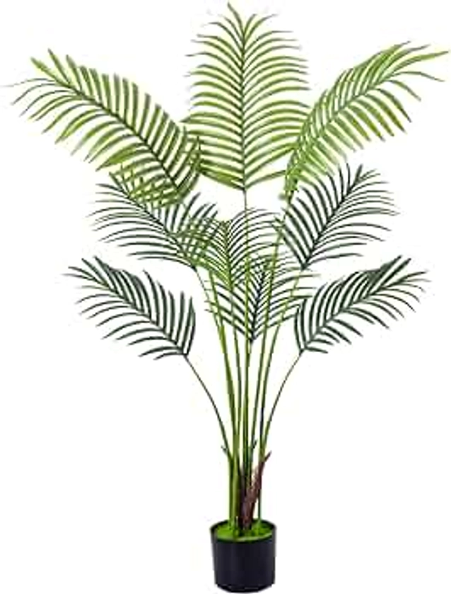 4FT Artificial Areca Palm Plant with Natural Trunks & Real Touch Leaves,Fake Palm Tree with Stable Pot, Faux Plant for Indoor Outdoor Modern Decor Housewarming Gift (4 Ft - 1 Pack)