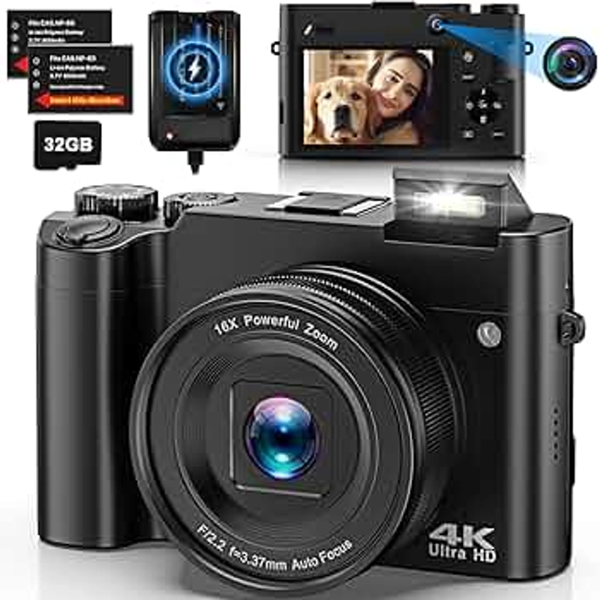 Appareil Photo Numérique 4K ，64 MP Autofocus Vlogging Appareil Photo Anti-Shake Zoom Numérique 16X Digital Zoom Carte 32G Carte 2 Batteries Appareil Photo Compact pour Adolescents et Débutants (Noir)