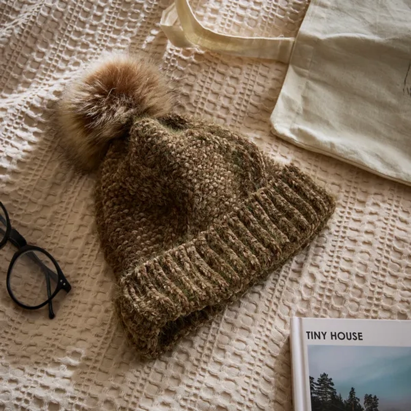 Chenille Olive Hat with Pom Pom