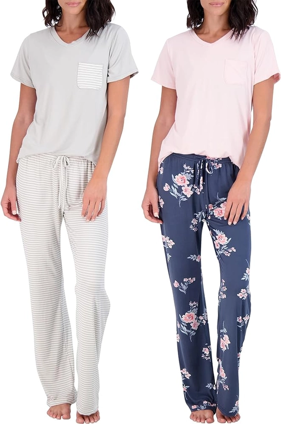 Real Essentials 2 Pack: Women’s Pajama Set Super-Soft Short & Long Sleeve Top With Pants (Available In Plus Size)