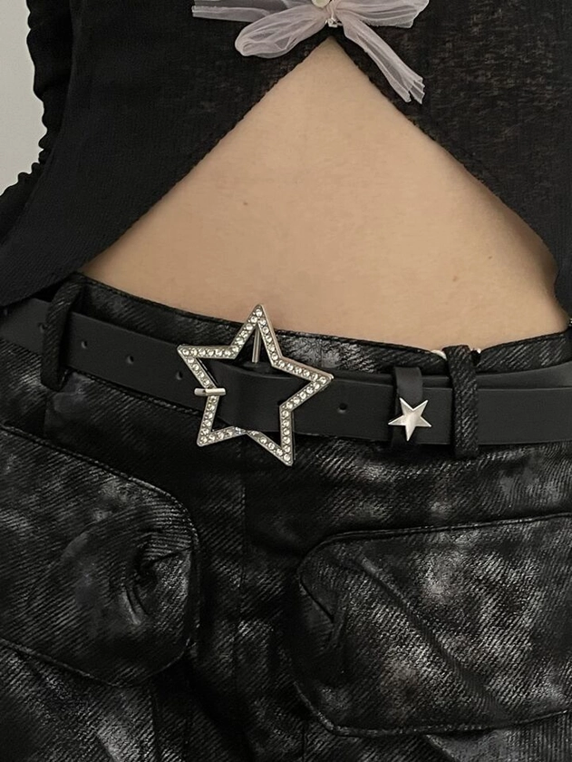 1pc New Personality Star Buckle Head Elastic Waist Belt, Black Color Pu Material Street