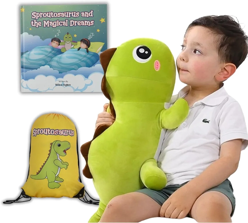 3 Piece Gift Set - Weighted Dinosaur Stuffed Animal with Book & Toy Bag - 24"/3lbs Weighted Dinosaur Plush for Comfort and Relaxation - Perfect for Kids with Bedtime Story Included - Sproutosaurus