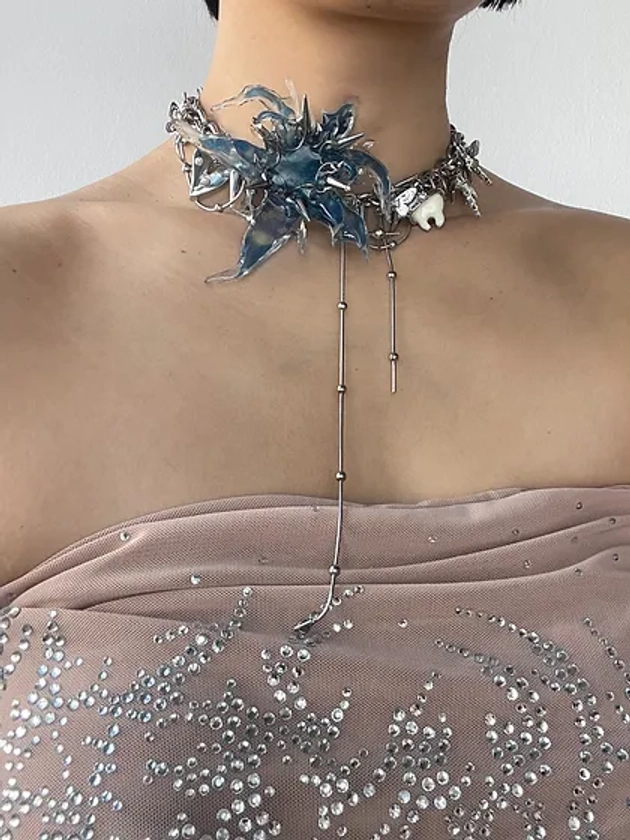 Blue Cattleya 3D flower cyber sigilism style necklace | 666999acc