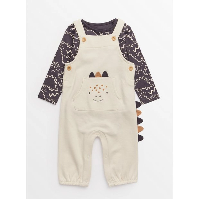 Charcoal Dinosaur Print Bodysuit & Cream Dungarees Set 3-6 months