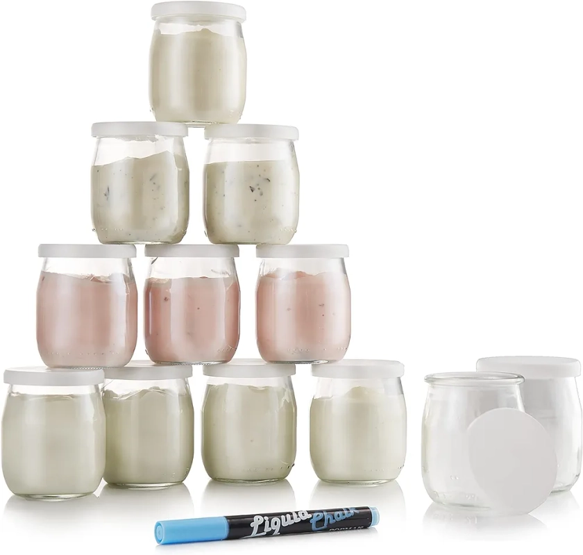 Monboco | lot de 12 Pots de yaourt en verre avec couvercles blancs hermétiques | Fabrication Française | yaourtière & robots (thermomix, cookeo, etc) |142 ML / 125G | Feutre craie effaçable