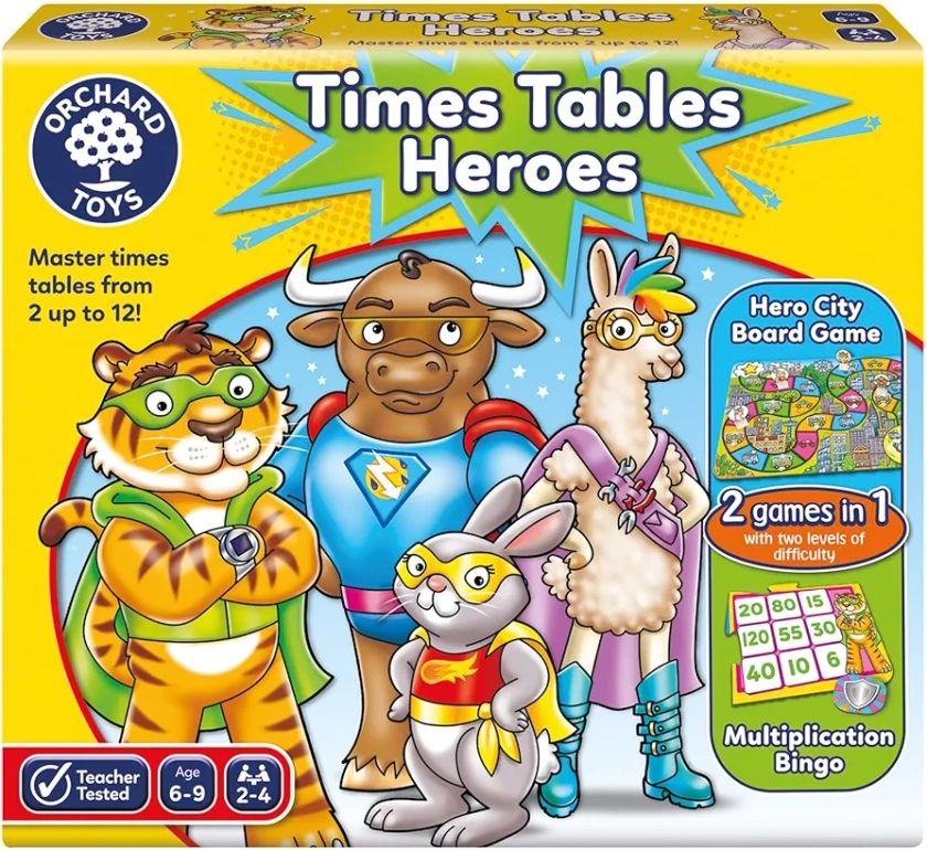 Orchard Toys Times Tables Heroes - 2 in 1 Maths Games for Kids with Multiplication Bingo and Counting Board Game - Children’s Learning and Educational Math Games for 6-9 Year Olds - 2-4 Players