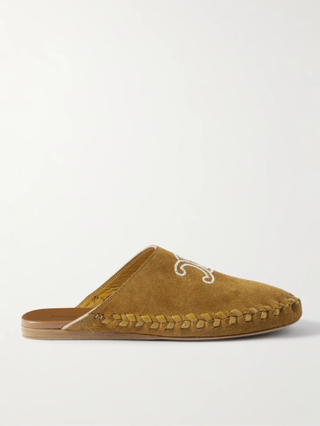 CELINE HOMME Leather-Trimmed Logo-Embroidered Suede Mules