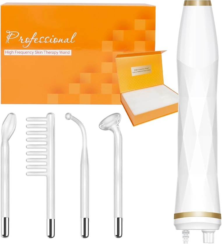 Portable High Frequency Facial Wand - TUMAKOU Orange Neon High Frequency Beauty Skin Device Wrinkle & Pimple Removal | Anti-Aging | Hair Care With 4 Pcs Tubes - Home Use Facial Machine For Face & Body