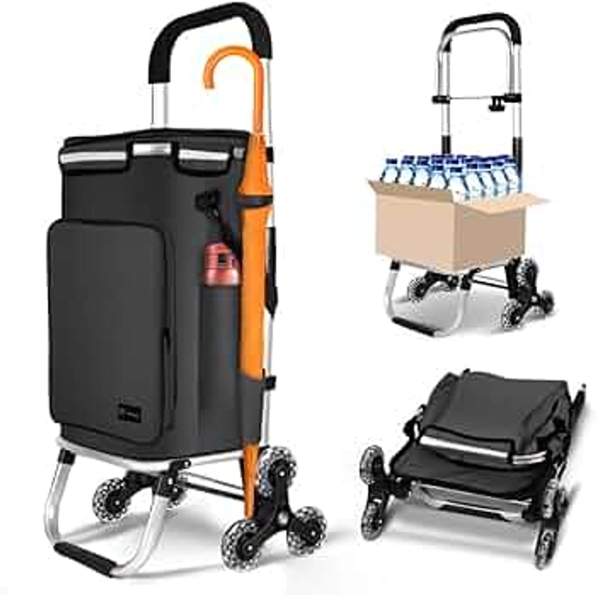 VOUNOT Chariot de Courses 6 Roues en Aluminium avec Compartiment Impermeable Isotherme et Crochets Caddie de Courses Pliable 3 en 1 Sac Grande Capacité Chariot Montant Escalier Noir