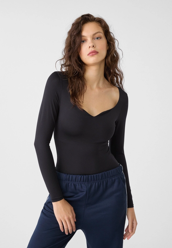 Bodysuit with sweetheart neckline - Women's T-shirts | Stradivarius Italy