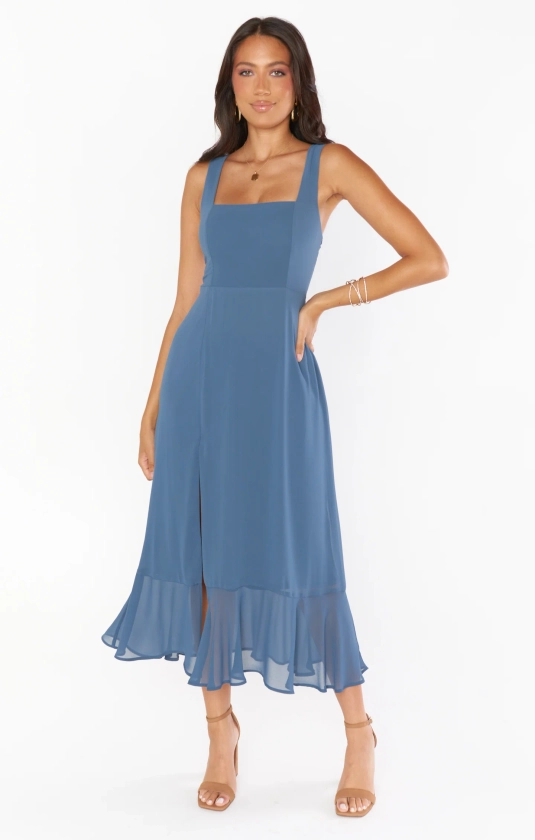 Claire Midi Dress ~ Slate Blue Chiffon
