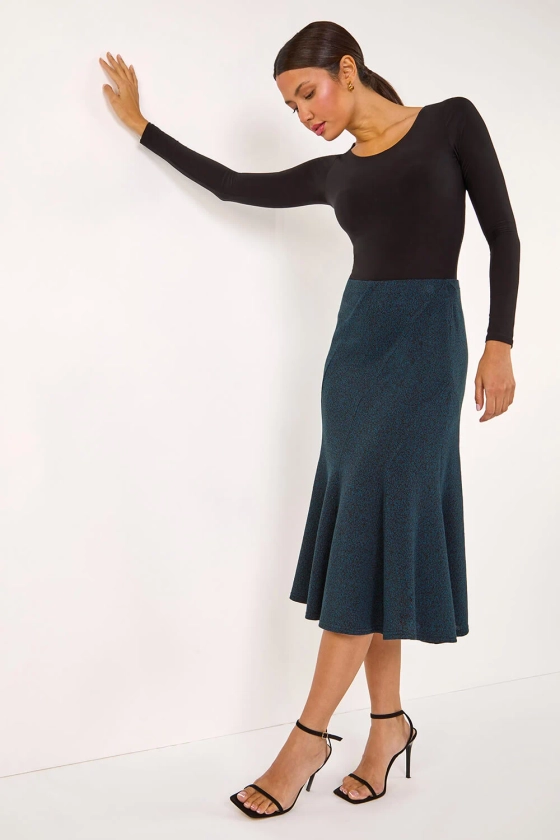 Teal Flared Textured Midi Stretch Skirt | Roman UK