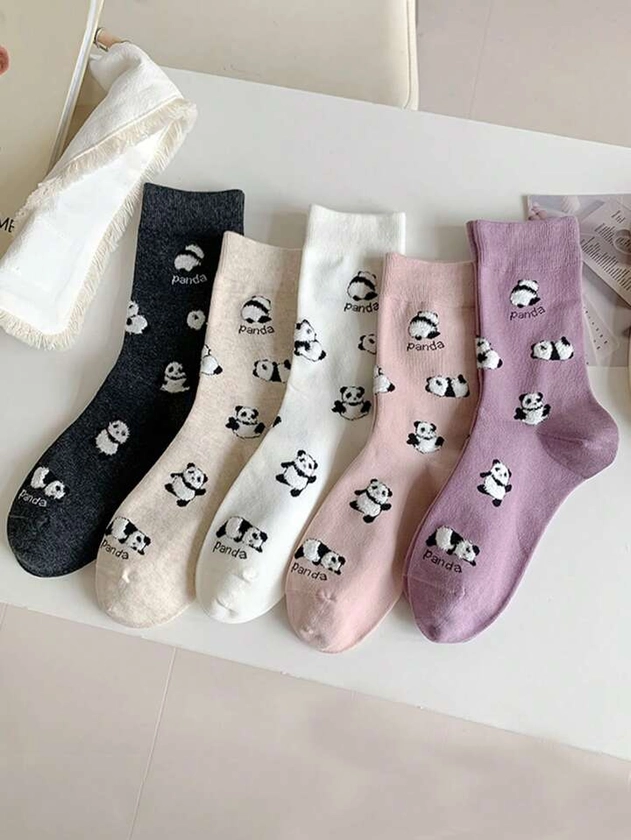 5 paires de chaussettes d'équipe mignonnes avec imprimé panda respirantes pour femmes