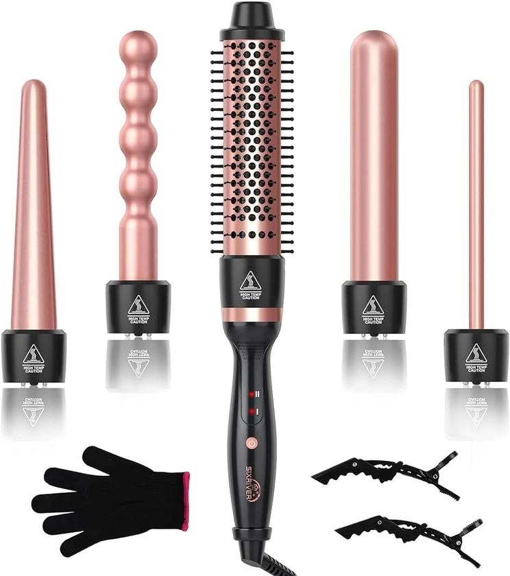 5 in 1 Curling Wand Set, Sixriver Hair Curling Iron with Curling Thermal Brush&4 Interchangeable Ceramic Curling Wand(0.4”-1.25”), Long Lasting Curls, Fast Heating Hair Wand Curler with Glove&2 Clips