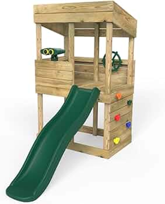 Rebo® Children's Wooden Lookout Tower Playhouse with 6ft Slide | OutdoorToys | Lookout Tower, Slide, Climbing Wall, Captain's Wheel and Binoculars - Perfect for Gardens