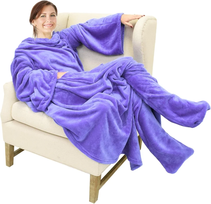 Catalonia Wearable Fleece Blanket with Sleeves and Foot Pockets for Adult Women Men, Micro Plush Comfy Wrap Sleeved Throw Blanket Robe Large, Blue