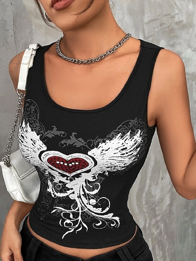 Gothic Heart And Wing Print Tank Top