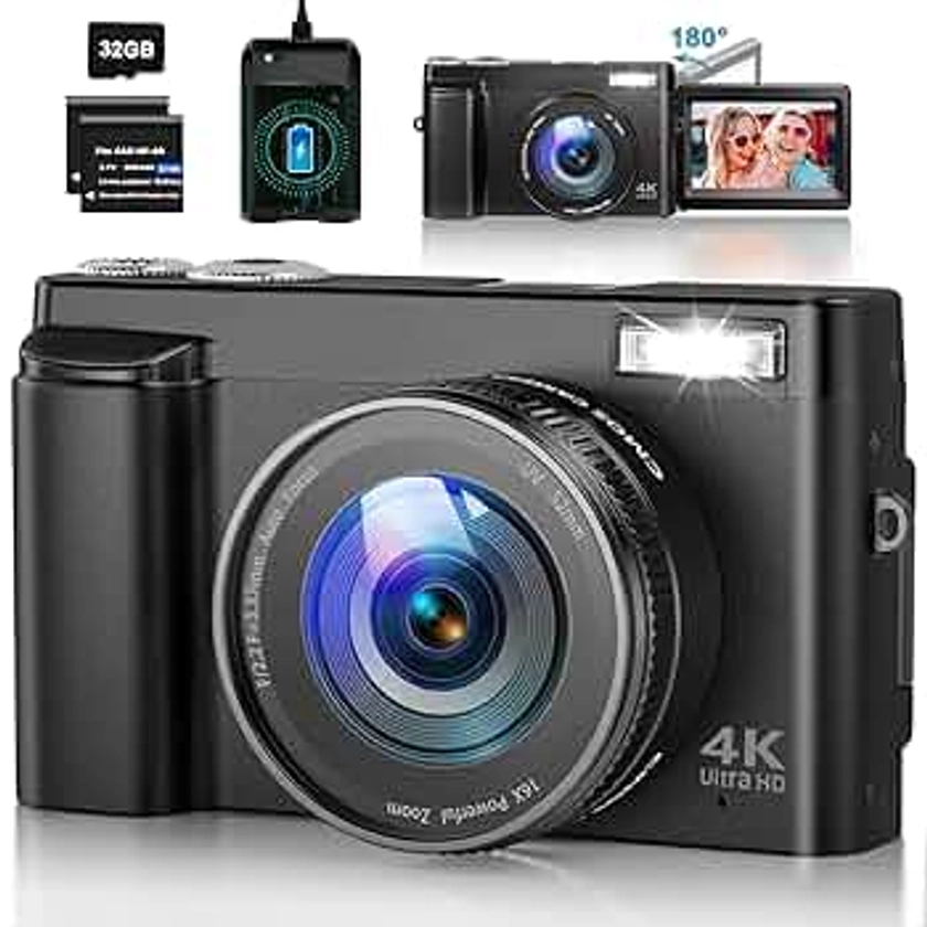 4K Digital Camera for Photography Autofocus 48MP Vlogging Camera for YouTube with SD Card 16X Digital Zoom Compact Camera, 3 Inch 180°Flip Screen, Flash, Anti-Shake, 2 Batteries