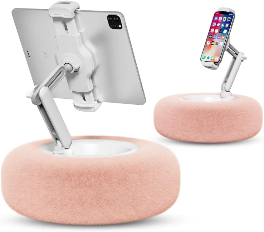Viozon Tablet Stand Pillow, Compatible with 4.7"-13" Phone/Tablet, iPad, iPhone, Samsung, Google, Kindle, 360°Adjustable Phone Holder for Bed with Soft Plush Fabric, and Detachable Bowl, Pink