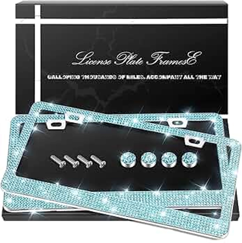 2 Pack Bling License Plate Frames, Sparkly Rhinestone Diamond Car License Plate Cover for Women, Stainless Steel Car Accessories with Glitter Crystal Caps (Aqua Bohemica)