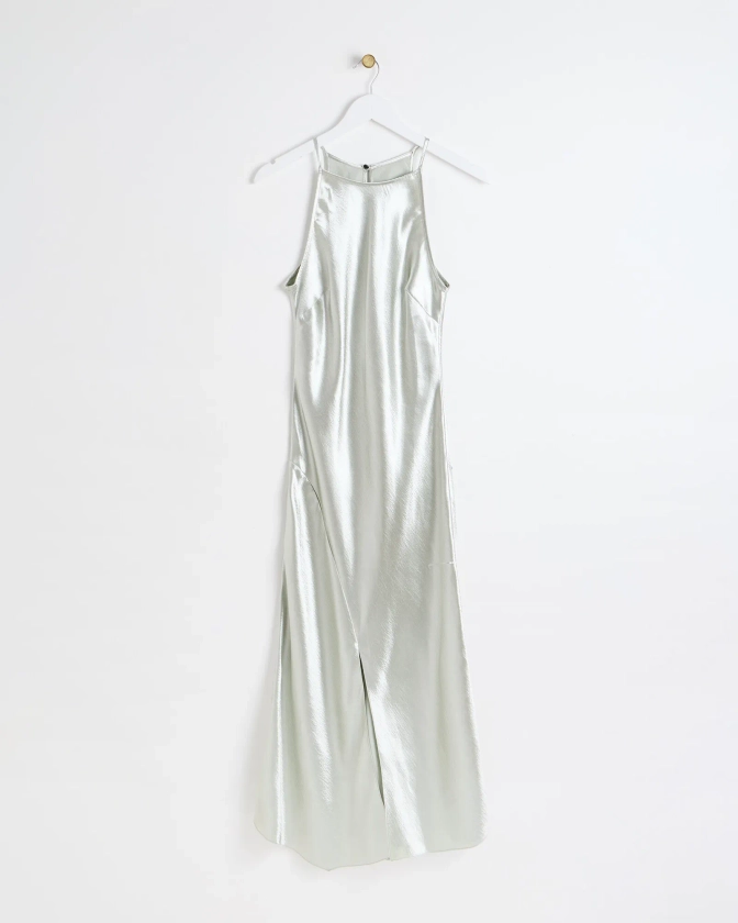 Silver Metallic Halter Neck Midi Dress