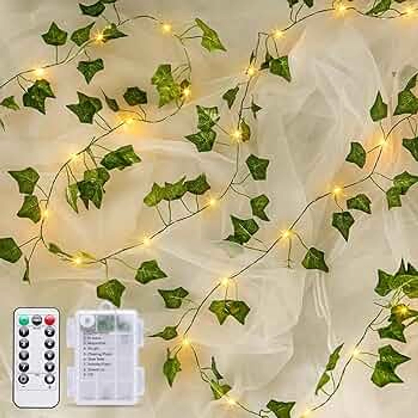 Ivy Vines with Fairy Lights Battery Operated - 100 LED Vine Lights for Bedroom with Remote, 33ft Leaf Lights for Wall Bathroom Christmas Garland Wedding Party Room Decor (Warm White)