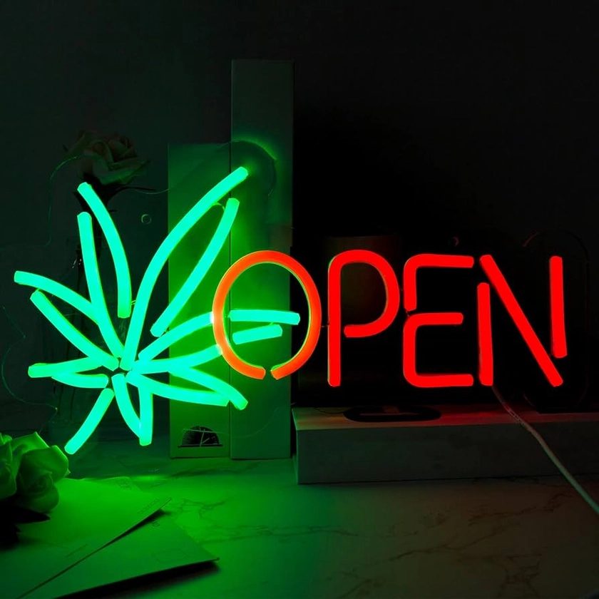 Open Neon Sign, Neon Signs for Wall Decor, Dimmable Neon Green Leaf LED Signs for Bedroom Aesthetic, Light Up Neon Signs for Hotel Beer Bar Man Cave Club Pub Party Decorations