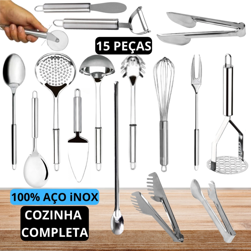 Kit 15 Utensílios Cozinha Completa 100% Aço Inox Multiuso Linha Premium Pegadores Colheres Descascadores