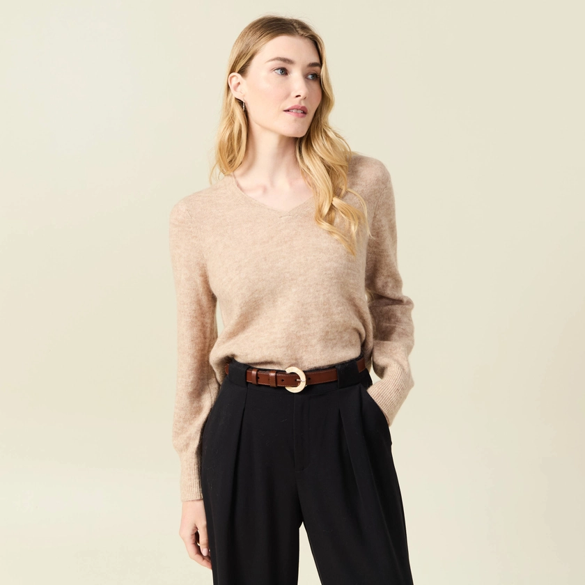 Pull manches longues col en V creme femme