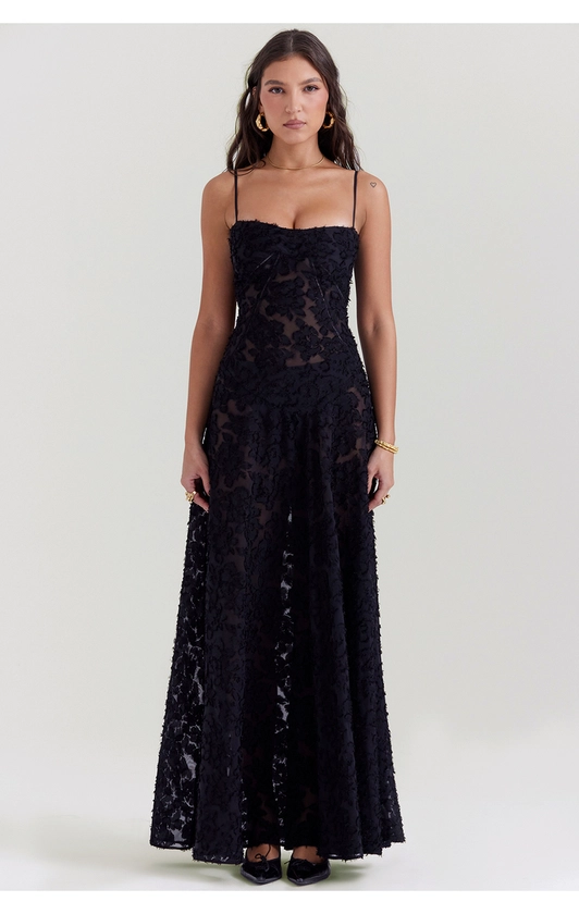 Clothing : Maxi Dresses : 'Seren' Black Floral Lace Back Maxi Dress