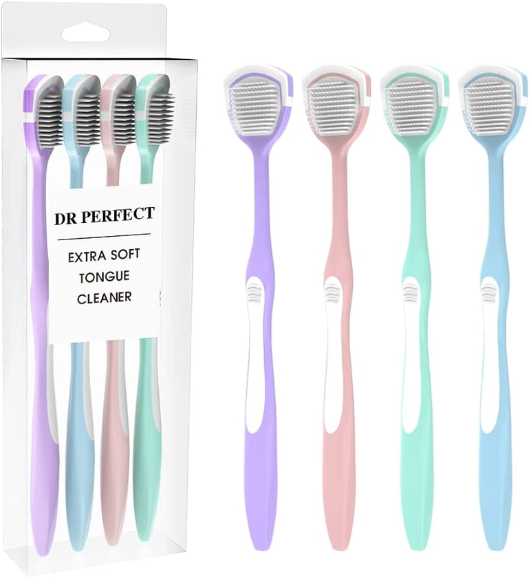 DR PERFECT Soft Tongue Brush Scraper Cleaner Helps Fight Bad Breath Clean Your Tongue Without Hurt Pack Of 4 ((GREEN PURPLE BLUE PINK))