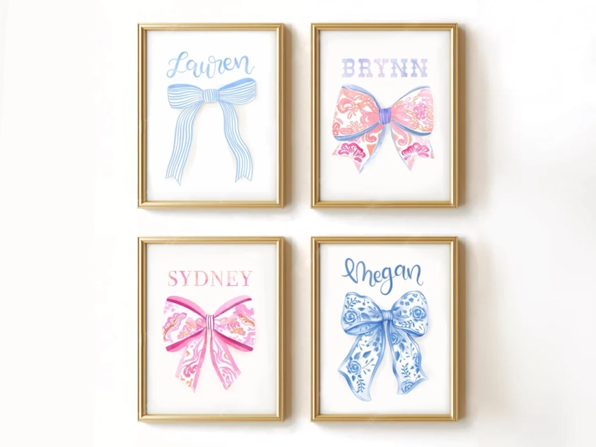 Custom Bow Name Print - Hand Illustrated Custom Dorm Decor - Preppy Room Decor - Personalized Name Bow Print - Coastal Cowgirl Dorm Decor