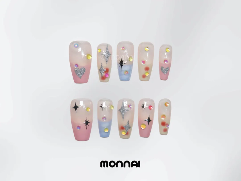 Long Kawaii Multicoloured Pastel Press on nails with Hearts and Stars Designs/cat eye nails/Japanese Nails/abstract nails/jelly nails#079