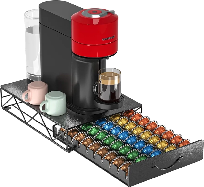 HFHOME Metal Coffee Pod Holder for 50 Nespresso Vertuo Capsules Pods & 50 Dolce Gusto Pods - Nespresso Vertuoline Capsule Drawer Organizer Coffee Machine Stand