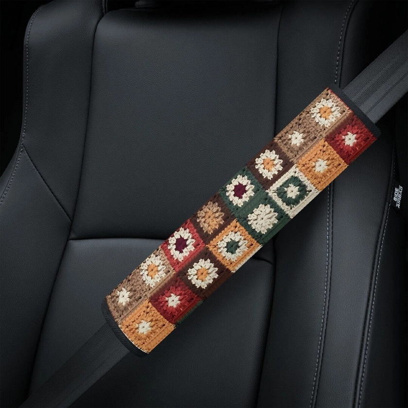Granny Squares SeatBelt Cover Cute, Retro Seat Belt Cover for Women, Faux Crochet Car Seat Belt Strap Cover Pad, Aesthetic Car Decor Gift