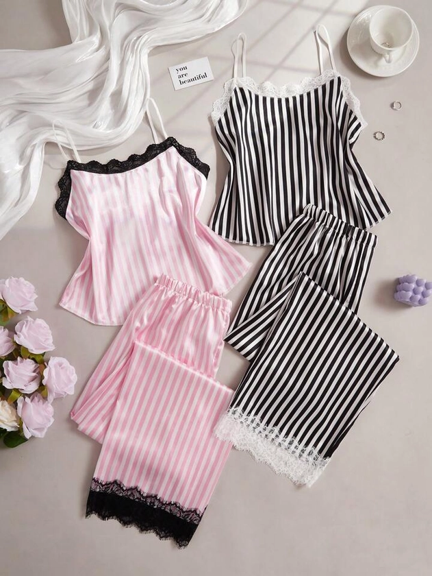 2 Sets Of Color-Contrast Striped Lace Trimmed Cami Top And Long Pants Pajamas, Artificial Silk Material