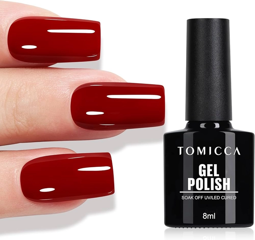 TOMICCA Vernis Semi Permanent Rouge Foncé,8ml Vernis Semi Permanent Automne Hiver, Nail Art Soak Off UV/LED Gel Rouge French Manucure