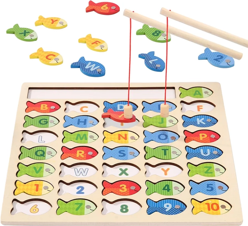 Wooden Magnetic Fishing Game for Toddlers, Montessori Fine Motor Skills Toy with Letters and Numbers, Preschool Learning ABC and Puzzle Birthday Toys Gift for 3 4 5+ Year Old Kids(2 Poles)