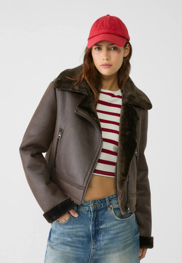 Stradivarius REVERSIBLE BIKER - Veste en similicuir - dark brown/marron foncé - ZALANDO.FR