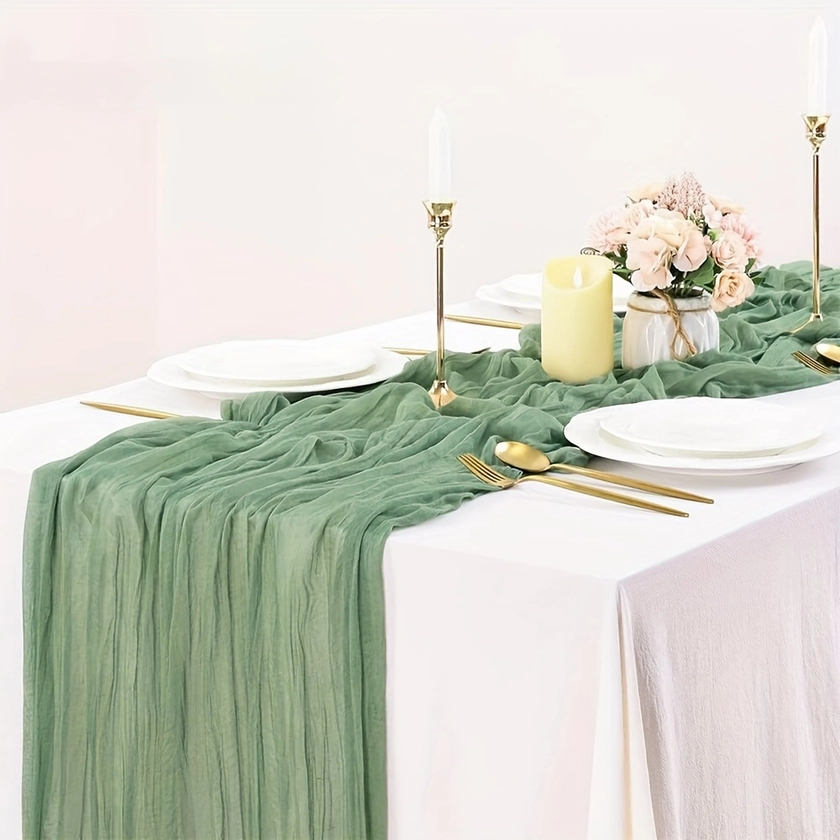 1pc Boho Green Gauze Table Runner - Semi-Sheer Cheesecloth Tablecloth For Wedding, Bridal Shower, Birthday Party - Perfect For Table Centerpieces And