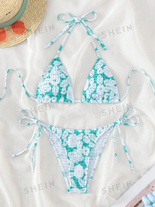 SHEIN Swim Mod Floral Print Smocked Halter Triangle Bikini Swimsuit