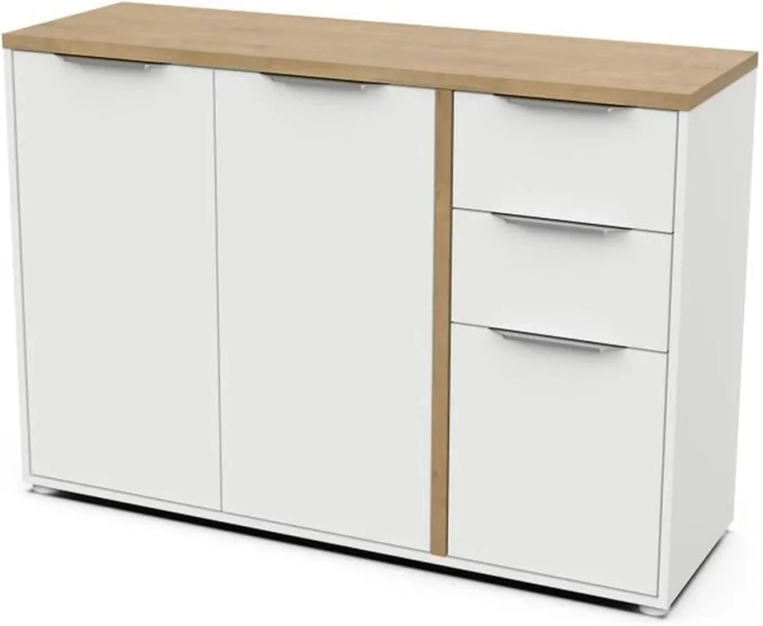 Demeyere Buffet Moderne 3 Portes & 2 Tiroirs – Style Scandinave – Coloris Blanc Mat & Chêne Hamilton - 121,5 x 39,6 x 85,6 cm