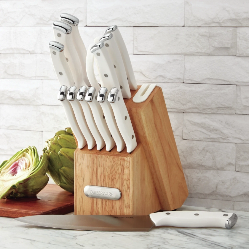 Farberware Edgekeeper Triple Riveted Knife Block Set with Built in Sharpener, 14-Piece, White & Reviews | Wayfair