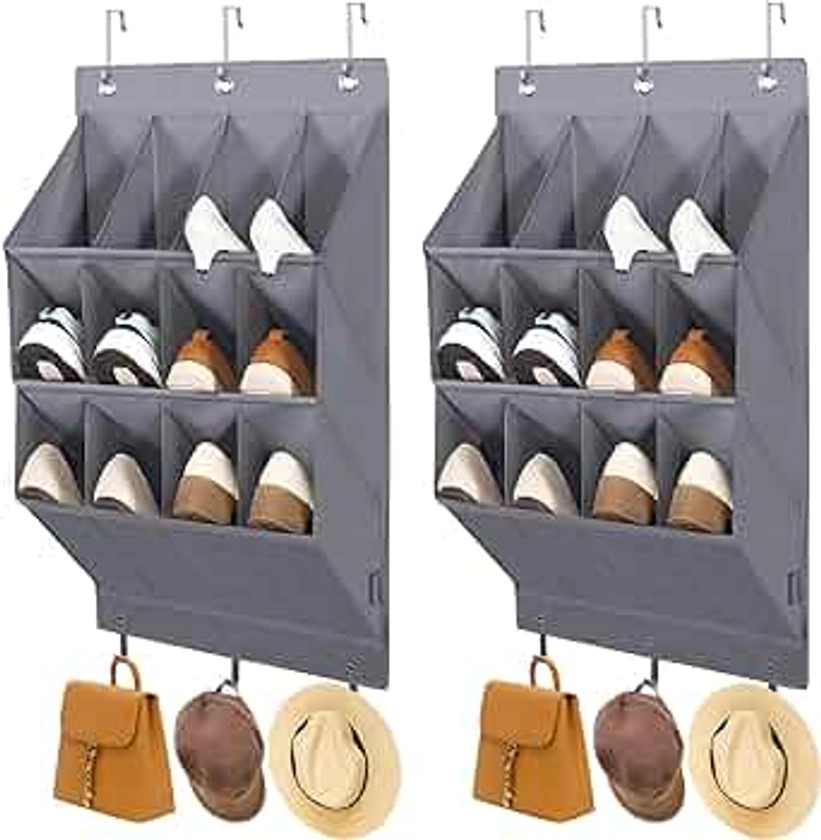 STORAGE MANIAC 2 Pack Over the Door Shoe Organizer, Hanging Shoe Organizer, 12 Large Pockets Shoe Storage Rack Organizer for Closet and Dorm Narrow Door Shoe Storage, Grey