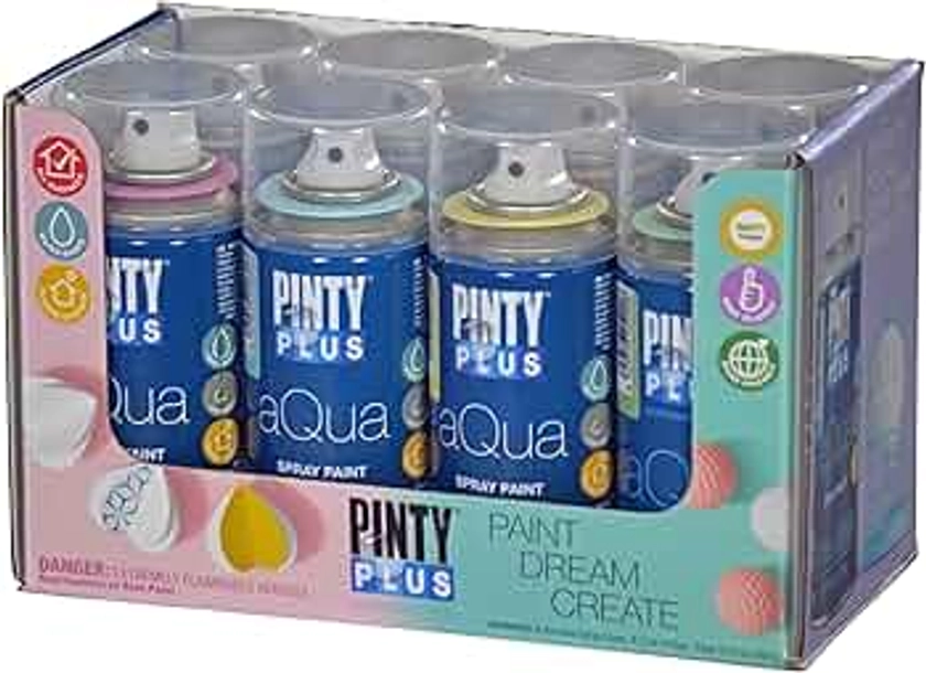 Spray Paint for Arts & Crafts, Water Based Pintyplus Aqua Mini, 150 mL cans, 8 Piece Pastel Artist Set, Pink Bubble Gum, Light Orange, Yellow Chick, Apple Green, Ice Blue, Lavanda Violet, Black, White