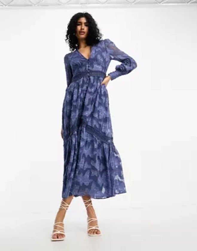 ASOS DESIGN button through maxi shirt dress with lace inserts in washed navy | ASOS