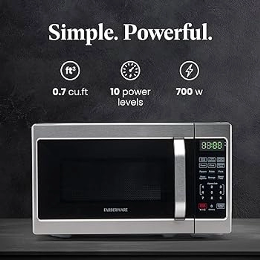 Farberware Countertop Microwave 700 Watts, 0.7 cu ft - Microwave Oven With LED Lighting and Child Lock - Perfect for Apartments and Dorms - Easy Clean Stainless Steel