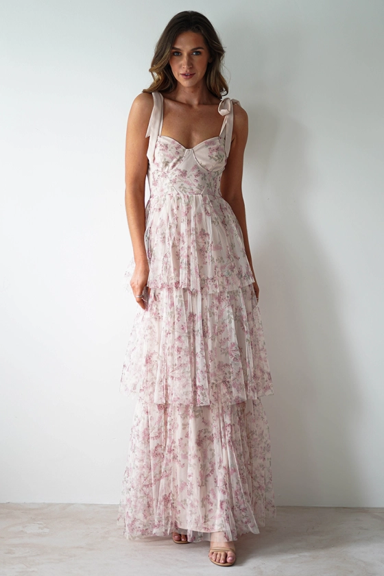 Tie Up Straps Cinch Waist Floral Print Tiered Maxi Dresses-Pink [Pre Order]