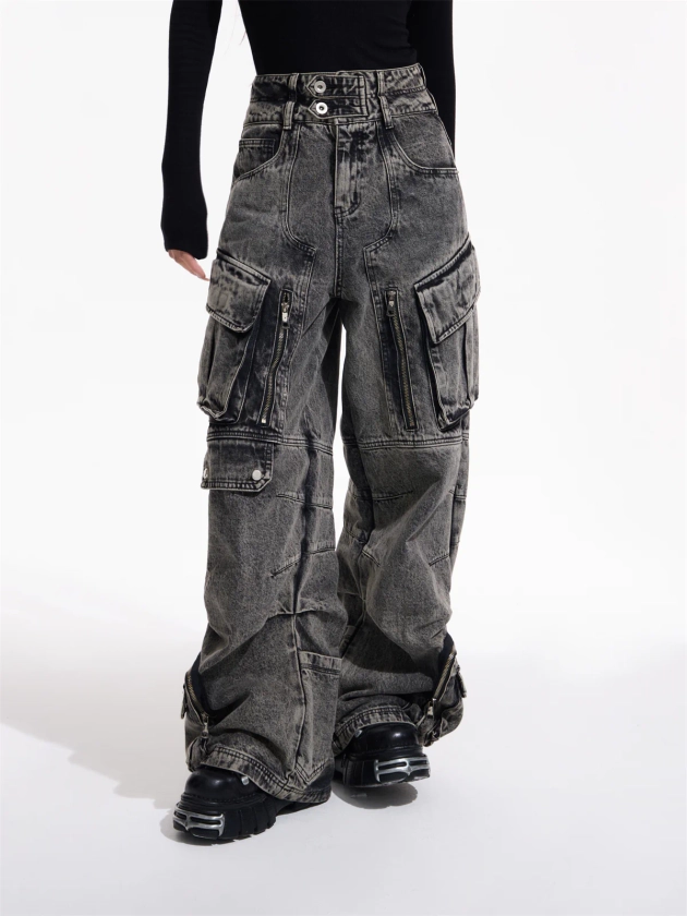 Kalila Washed Denim High Waist Multi-Pocket Straight Leg Baggy Cargo Jeans Pants