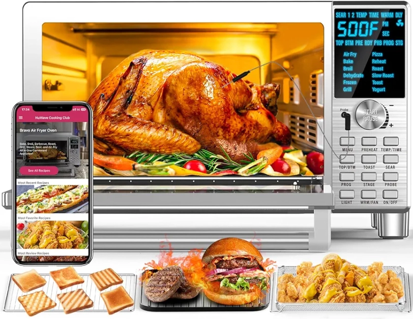 Nuwave Bravo XL Air Fryer Toaster Smart Oven, 12-in-1 Countertop Grill/Griddle Combo, 30-Qt XL Capacity, 50F-500F adjustable in precise 5F increments, Integrated Smart Thermometer, Linear T Technology